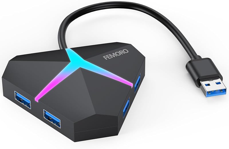 USB A Hub, USB3.0 5Gbps High Speed Data Transfer, RGB Design | Multiport Adapter Expander Extra USB 4 Ports Extender for Laptop Mac Computer PC Desktop PS5