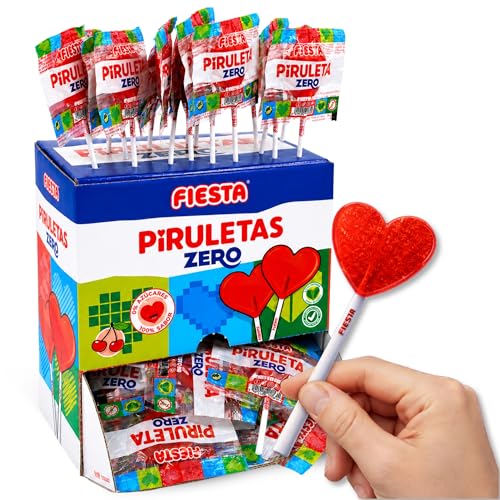 Caramelo con Palo Sabor cereza Sin Azucar, Piruleta en Forma de Corazón, Apto para veganos, sin gluten, sin huevo y sin lactosa es completamente apto para celíacos, Contiene 1 caja con 20 unidades