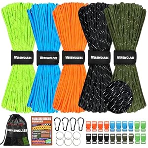 WEREWOLVES 550 Paracord Kits 100ft Each Color – 5 Colors Parachute Cord Combo 7 Strand Type III Parachute Cord 4mm for Crafting, Dog Collar, Survival Bracelets