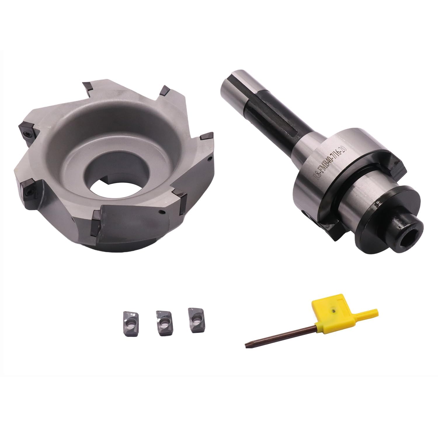 R8 FMB40 7/16-20 Shank Face End Mill Arbor and 4.92"/125mm Cutting Diameter 7-Flute 400R-125-40-7T CNC Face End Milling Shell Cutter with 10Pcs APMT1604 Carbide Inserts and T15 Wrench