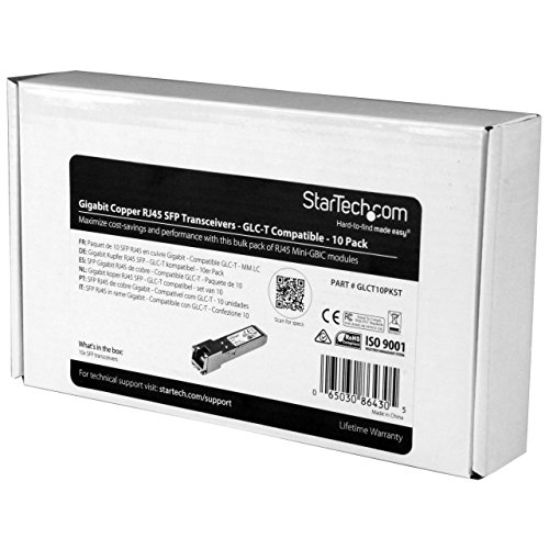 Image of StarTech.com Cisco GLC-T Compatible SFP Module (10 Pack) - 1000BASE-T - SFP to RJ45 Cat6 /Cat5e - 1GE Gigabit Ethernet SFP - RJ-45 100m - Cisco Firepower, ASR920, IE2000 (GLCT10PKST),Silver | 1GE Gigabit Ethernet SFP, SFP to RJ45 Cat6 /Cat5e, RJ-45 100m, (10 Pack), Cisco Firepower, IE2000
