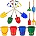 Jexine 12 Pcs Beach Sand Toys Include Sand Bucket 22 Inches Sand Shovel Kids Gardening Tools with Wooden Handle Plastic Beach Buckets Fork, Trowel, Rake for Party Toddler Beach, 4 Color