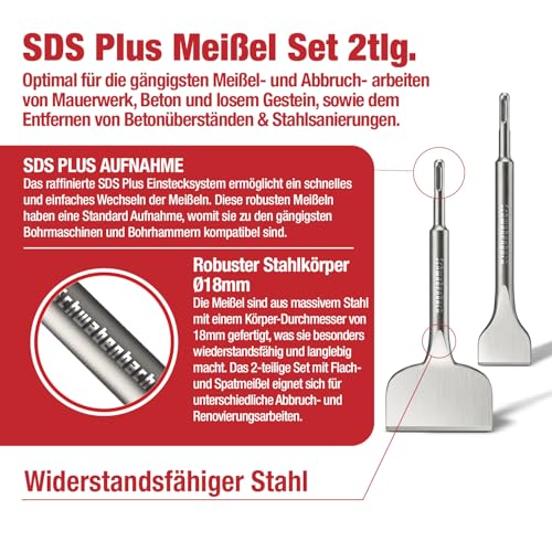 SCHWABENBACH® Fliesenmeißel Sds Plus - 2tlg 250 mm lang - Flachmeißel Sds Plus 50 mm + Spatmeißel Extra Breit 100 mm - Sds Plus Meißel Set - Bohrhammer Meißel kompatibel mit Bosch Hilti Bohrhammer