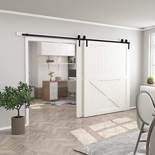 Skysen 11Ft Heavy Duty Sliding Barn Door Hardware Single Track Bypass Double Door Kit Black(Bypass J Shape-1) #TOP1