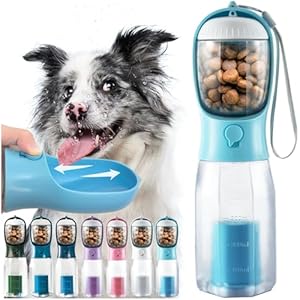 Portable Dog Water Bottle 3 in 1 Dog Travel Water Bowl with Food Container Poop Bag Holder Pet Water Dispenser Summer Outdoor Walking Hiking Accessories for Large Dog Blue 20oz