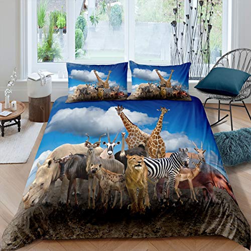 Feelyou Giraffe Comforter Cover Wild Lion Zebra Bedding Set Safari Animals Print Duvet Cover For Children Kids Boys Girls Nature Bedspread Cover Lightweight Microfiber Decor 2Pcs Bedclothes Twin Size #TOP13