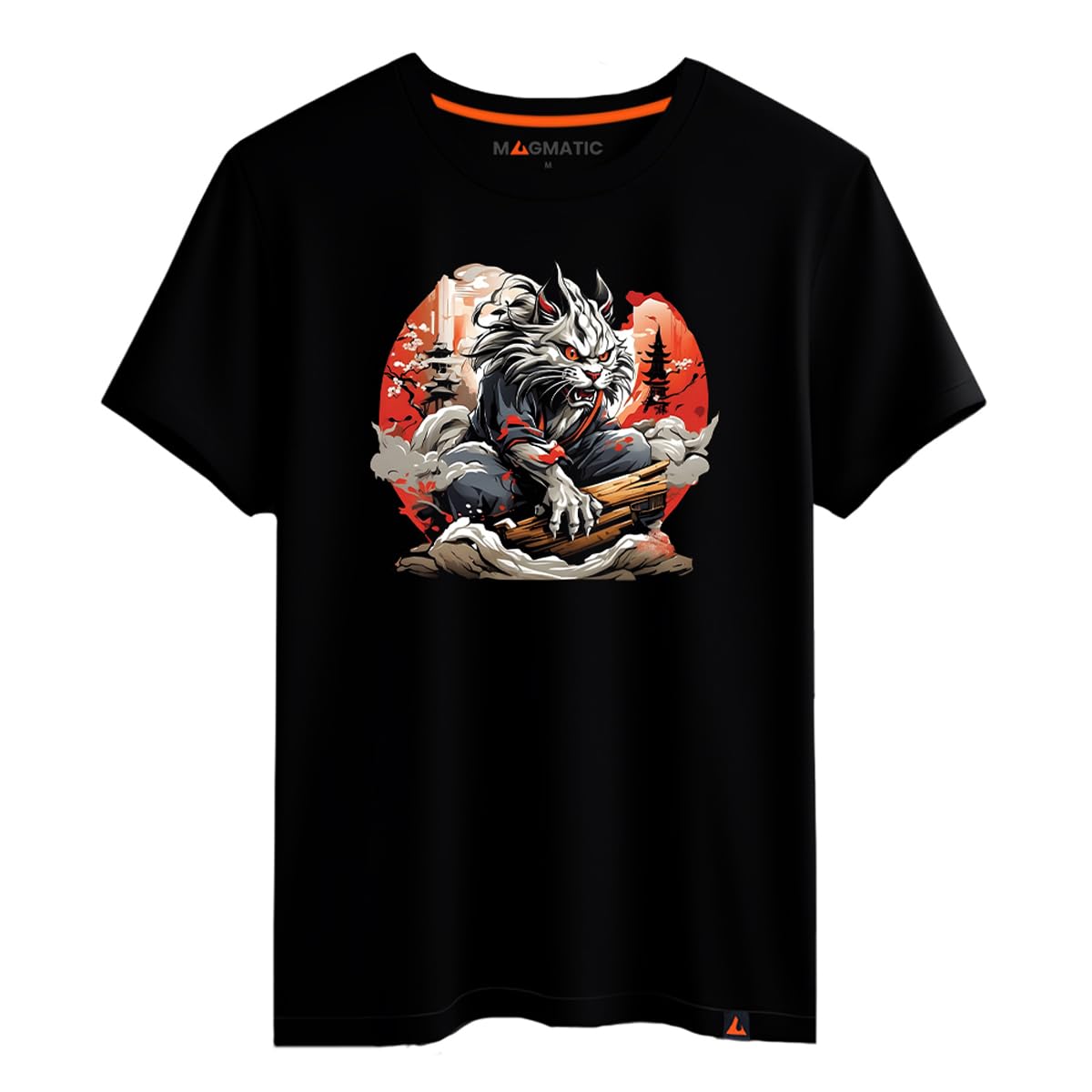Magmatic - Bakeneko Fantastic Creature T-Shirt for Men Unisex Child, Scarlet Collection Black Premium 100% Cotton T-Shirt, Japanese yōkai Gift, for Men Fan of Japanese Culture