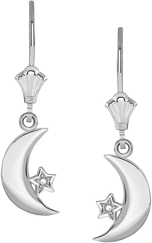 Elegant 925 Sterling Silver Crescent Moon & Star Dangle Earrings