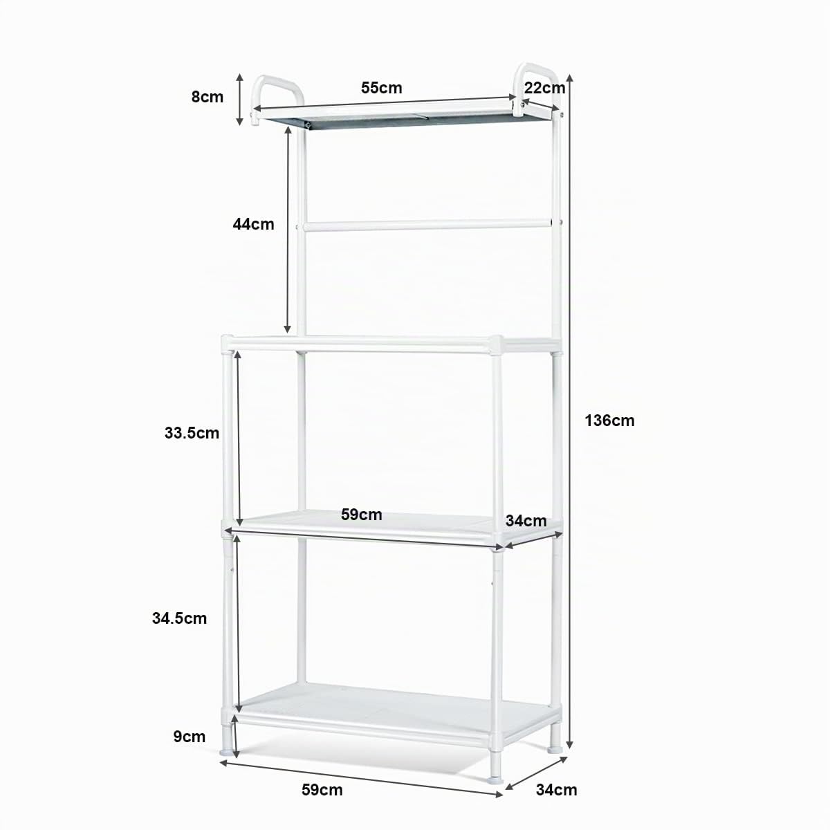 KOMFOTTEU Mensola da Cucina a 4 Livelli in Metallo, con 4 Piedini Antiscivolo, 60 x 34,5 x 136 cm, Supporto per Forno a Microonde, Scaffale Multifunzionale per Cucina e Sala da Pranzo (Bianco)