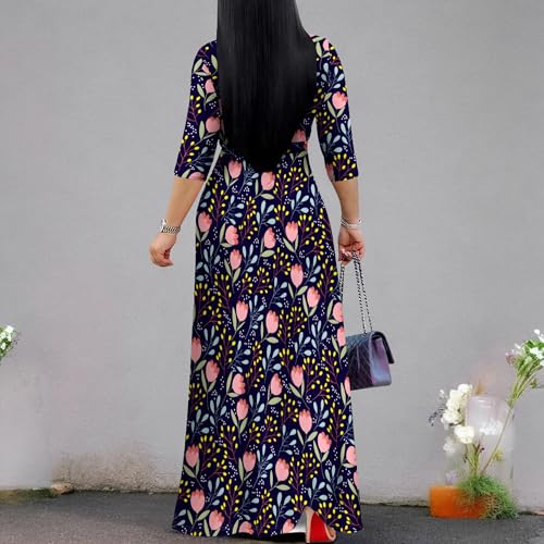 Image of PinkPatty Women's Print Maxi Dresses 3 /4 Sleeve Flowy Long Dress V Neck Wrap Tie Waist Sundress