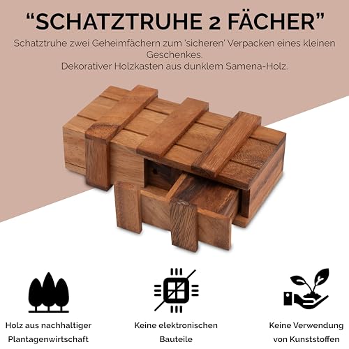 Schatztruhe mit 2 Geheimfächern - Schatzkiste - Zauberkiste - Trickkiste - Denkspiel - Knobelspiel - Geduldspiel - Logikspiel aus Holz