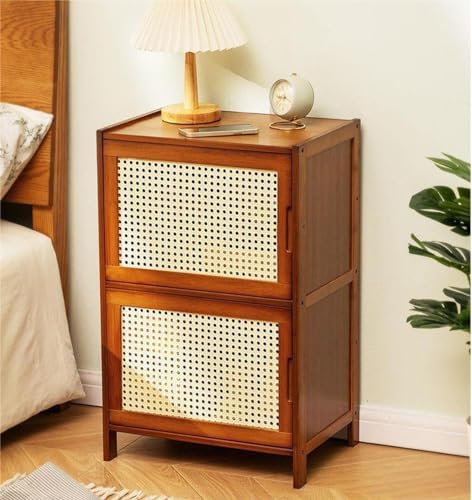 Modern Bamboo Nightstand with 2 Drawers, Rattan End Table, Freestanding Bedside Table, Dark Brown, Stylish Large Capacity Storage for Bedroom & Living Room