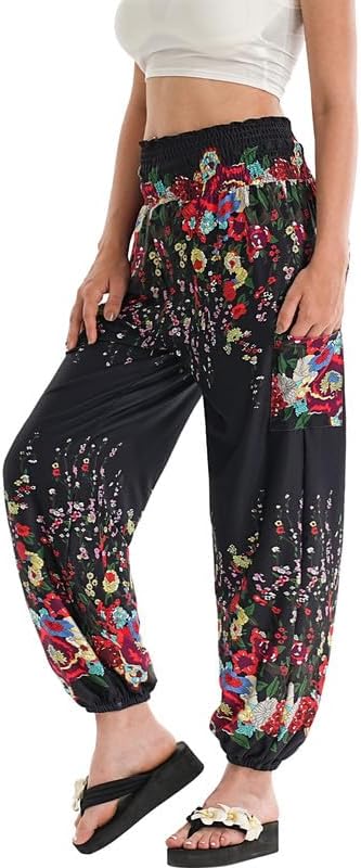 Boho Pants for Women Stretchy Wide Leg Hippie Harem Pants Lounge Casual Bohemian High Waist Palazzo Yoga Pants