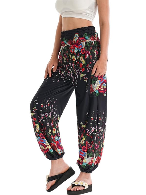 AINIKO Boho Pants for Women Stretchy Wide Leg Hippie Harem Pants Lounge Casual Bohemian High Waist Palazzo Yoga Pants