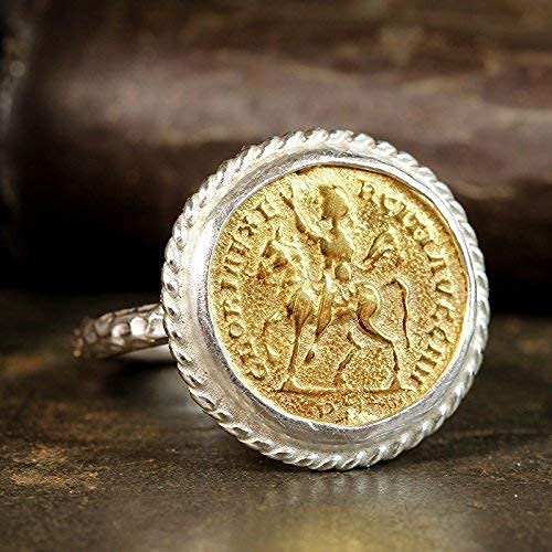 Caprixus - All Sizes Available - 925 Sterling Silver Coin Signet Ring 24K Yellow Gold Vermeil Two Tone Hammered Artisan Greek Art - Turkish Designer Handmade Rings For Women #TOP2