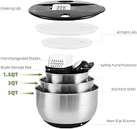 Vista 5 de Juego de 3 cuencos para mezclar con tapas, paquete de 3 tazones de acero inoxidable con tapas herméticas, parte inferior antideslizante