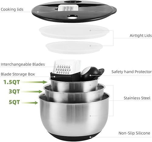 Miniatura 5 de Juego de 3 cuencos para mezclar con tapas, paquete de 3 tazones de acero inoxidable con tapas herméticas, parte inferior antideslizante para Negro