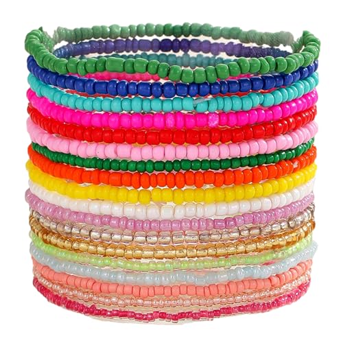 18Pcs Colorful Bohemia Seed Beaded Bracelets Handmade Adjustable Stackable Rainbow Beaded Stretch...