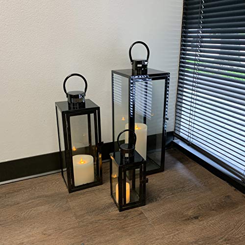 Image of Allgala 3-PC Lantern Set 23 Inch Jumbo Deluxe Modern Indoor /Outdoor Candle Lantern Set Stainless Steel Frame Tempered Glass Rectangular Black for Garden Poolside Fireplace Wedding