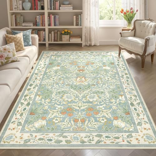 Tortania Area Rug Living Room Rugs - 5x7 Washable Boho Rug Vintage Oriental Distressed Farmhouse Large Thin Indoor Carpet for Living Room Bedroom Under Dining Table Home Office - Light Green