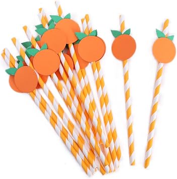 Orange Paper Straws - Biodegradable Disposable Drinking Striped PaperStraws 15 Pieces, Little Cutie Straws, Little Cutie Baby Shower Decorations, Little Orange Themed Birthday Decorations