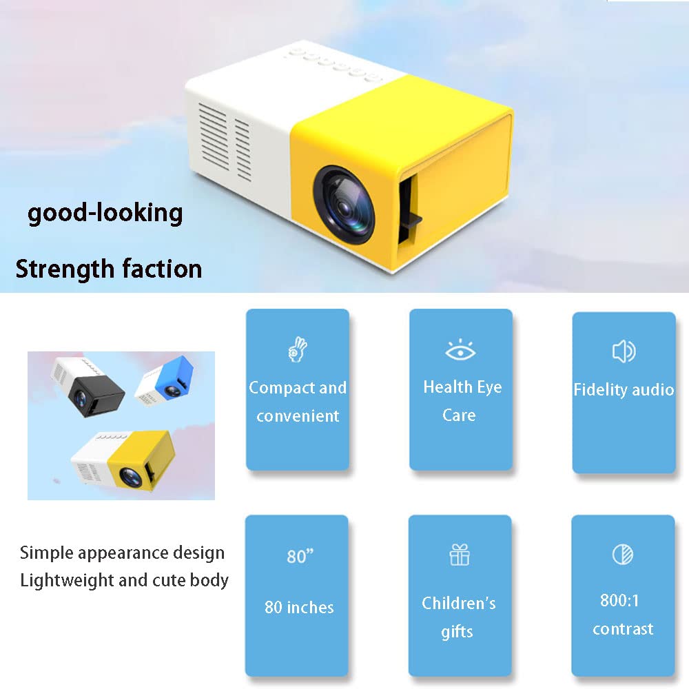 Mini proiettore portatile per cartoni animati, regalo per bambini, proiettore per film all'aperto, adatto per film home cinema, con interfaccia USB HDMI e telecomando (giallo e bianco)
