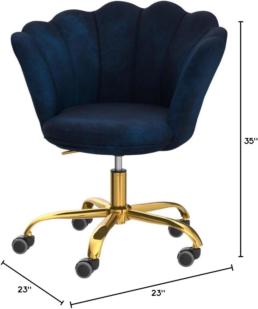 ZOBIDO Comfy Home Office Task Chair with Wheels, Cute Modern Upholstered Velvet Seashell Back Adjustable Swivel Vanity Desk Chair, for Women, for Girls, Living Room(Dark Blue)