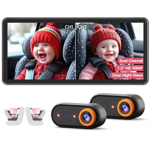 LUCKVIEW Baby Car Camera for 2 Kids, Dual Channel with 7.2\" 1080P Crystal Clear Display, Easily Install Car Seat Camera with 2 IR Night Vision Cameras, Safety Car Baby Camera for Rear Facing