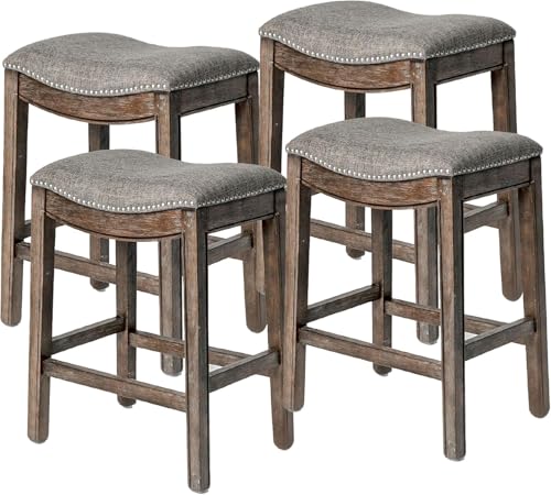 Image of Maven Lane Adrien Backless Counter Stool - Set of 4 - 26 Inches - Saddle Stool with Footrest - Brown Solid Wood Frame & Grey Fabric Upholstery - Perfect for Kitchen Islands & Counters