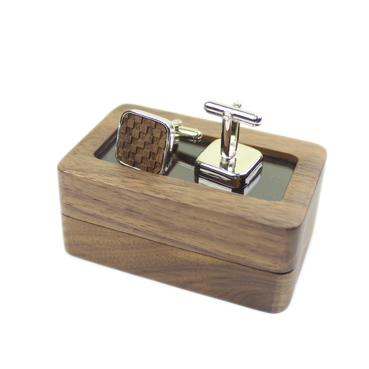 DSHOMRustic Black Walnut Wooden Round Cufflinks Tie Clips With Organizer Box for Men