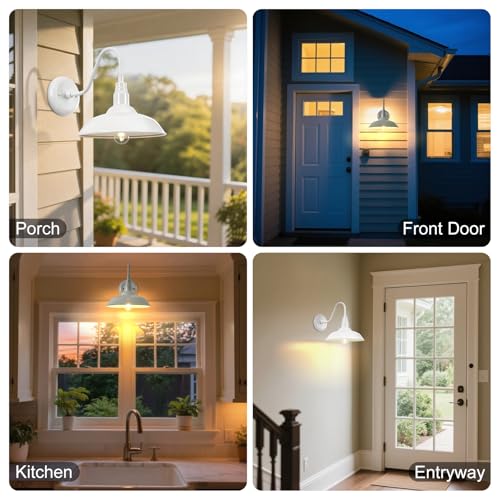 Image of Outdoor Gooseneck Barn Light Fixture with Wall Mount, 10'' Diameter White Exterior Waterproof Wall Lantern for Porch, Farmhouse Wall Sconce, 2 Pack, LM2201-WH-2P