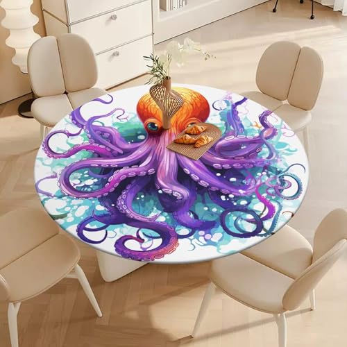 Nappe table salle à manger ronde ajustée extensible élastique pieuvre - 3