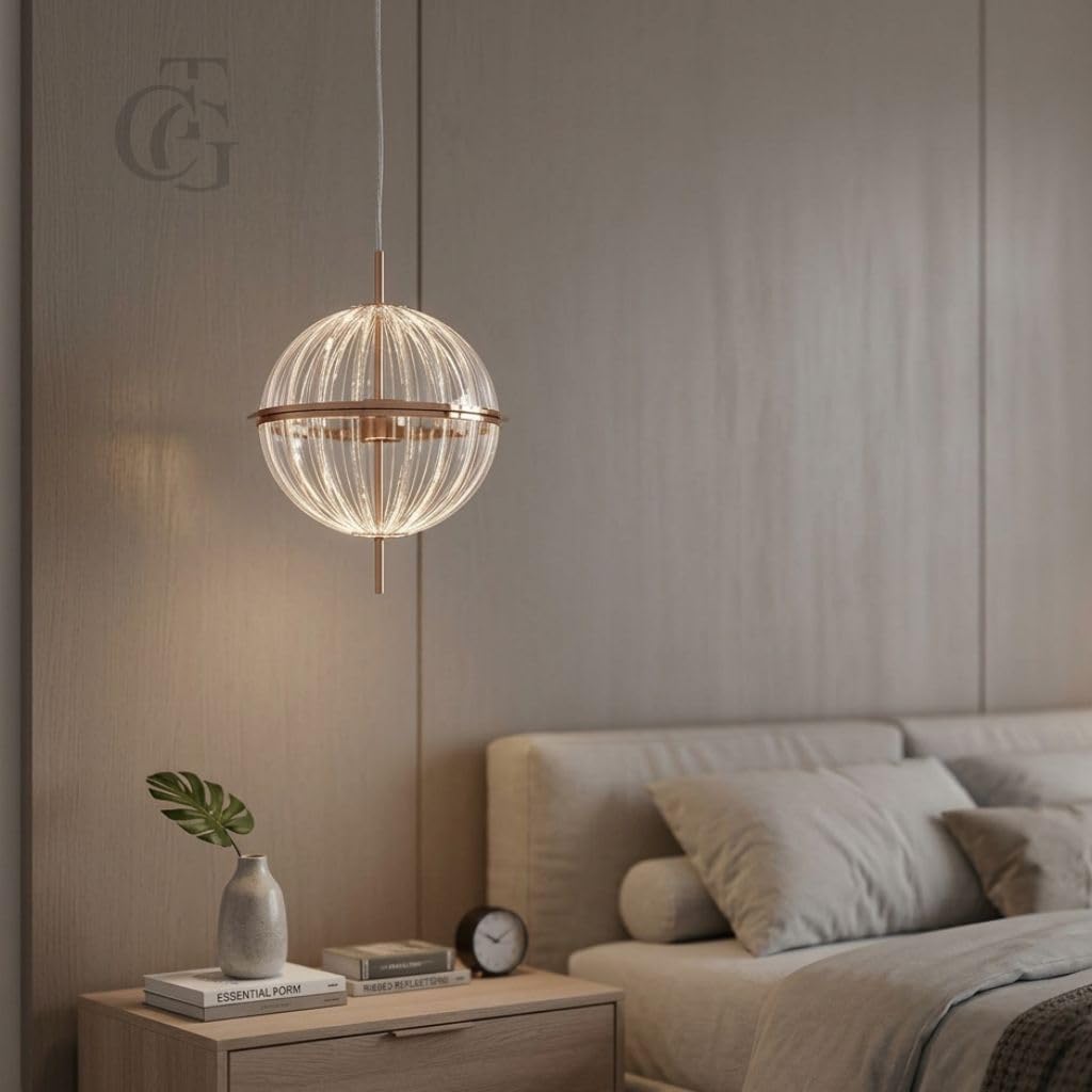 Modern Ribbed Globe Pendant Light|3-Colors LED Hanging Ceiling Lamp with Metal & Acrylic|Designer Light for Bedroom, Bedside & Living Room-image-27
