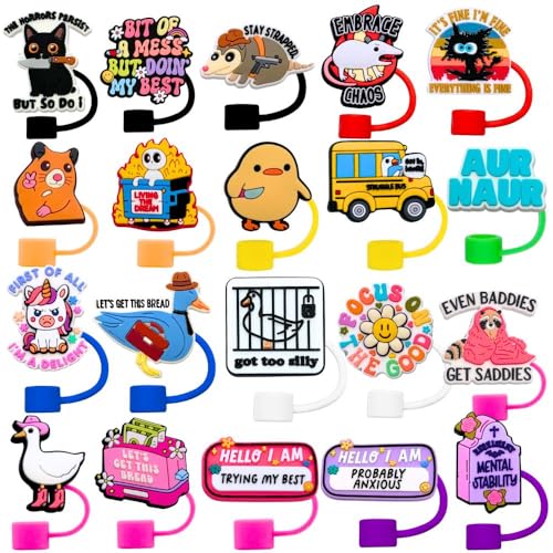 20PC Funny Straw Topper Funny Animals Cat Duck Unicorn Silly Hilarious Witty Meme Silicone Lid Cover Tumbler Water Bottle Decor Accessories Work Office Supplies Gifts For Men Women Nurse Coworkers