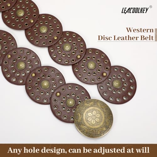 Image of LEACOOLKEY Women's Boho Disc Belt Wide Western Leather Belt Vintage Concho Waist Belts for Dress Jeans