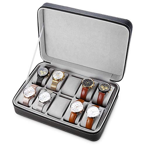 Image of House of Quirk 10 Grids PU Leather Travel Watch Storage Case Zipper Wristwatch Box Organizer - Black