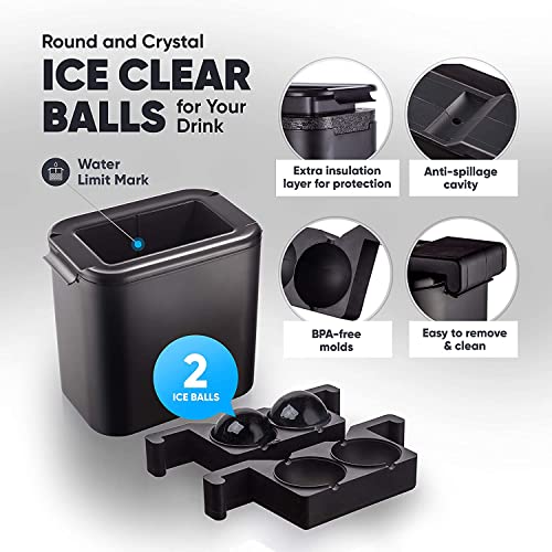 Image of Karp Crystal Clear Ice Ball Maker - 2.35 Inch Large Round Clear Ice Ball Spheres Mold For Cocktail, Whiskey & Bourbon Drinks, Gifts For Men - Silicone, Black