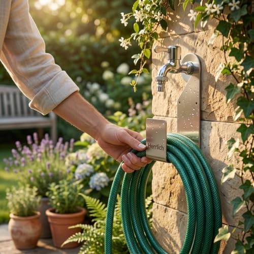 Image of Herrlich Homes Stainless Steel Garden Hose Holder, Wall Mounted Hose Pipe Stand & Hanger, Heavy Duty Rustproof Water Pipe Organizer for Garden, Balcony, Lawn & Outdoor, Screws Included (Pack of 1)