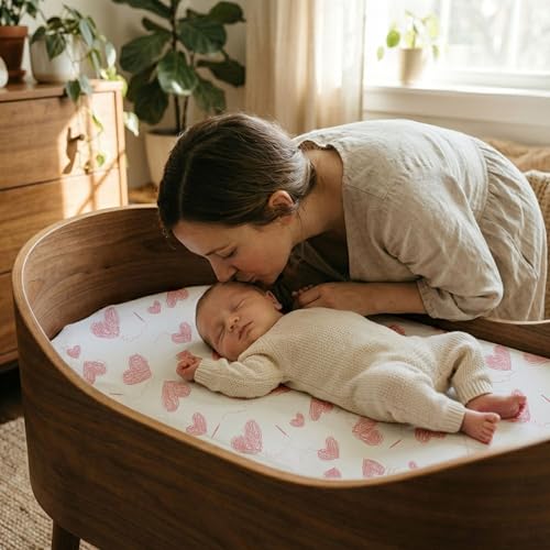 Image of Gllquen Baby Bassinet Sheets 2-Pack for Baby Girl Boy Pink Love