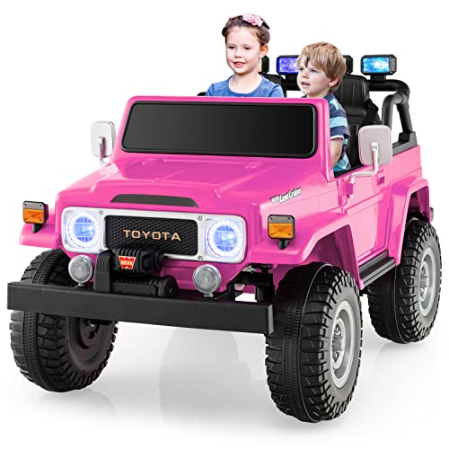 Costzon 2 Seater Ride on Car, 12V Licensed Toyota FJ40 Ride On Truck with 2.4G Remote Control, Spring Suspension, Storage Box, Colorful Lights, Music, USB Port & FM, Electric Car for Kids (Pink)