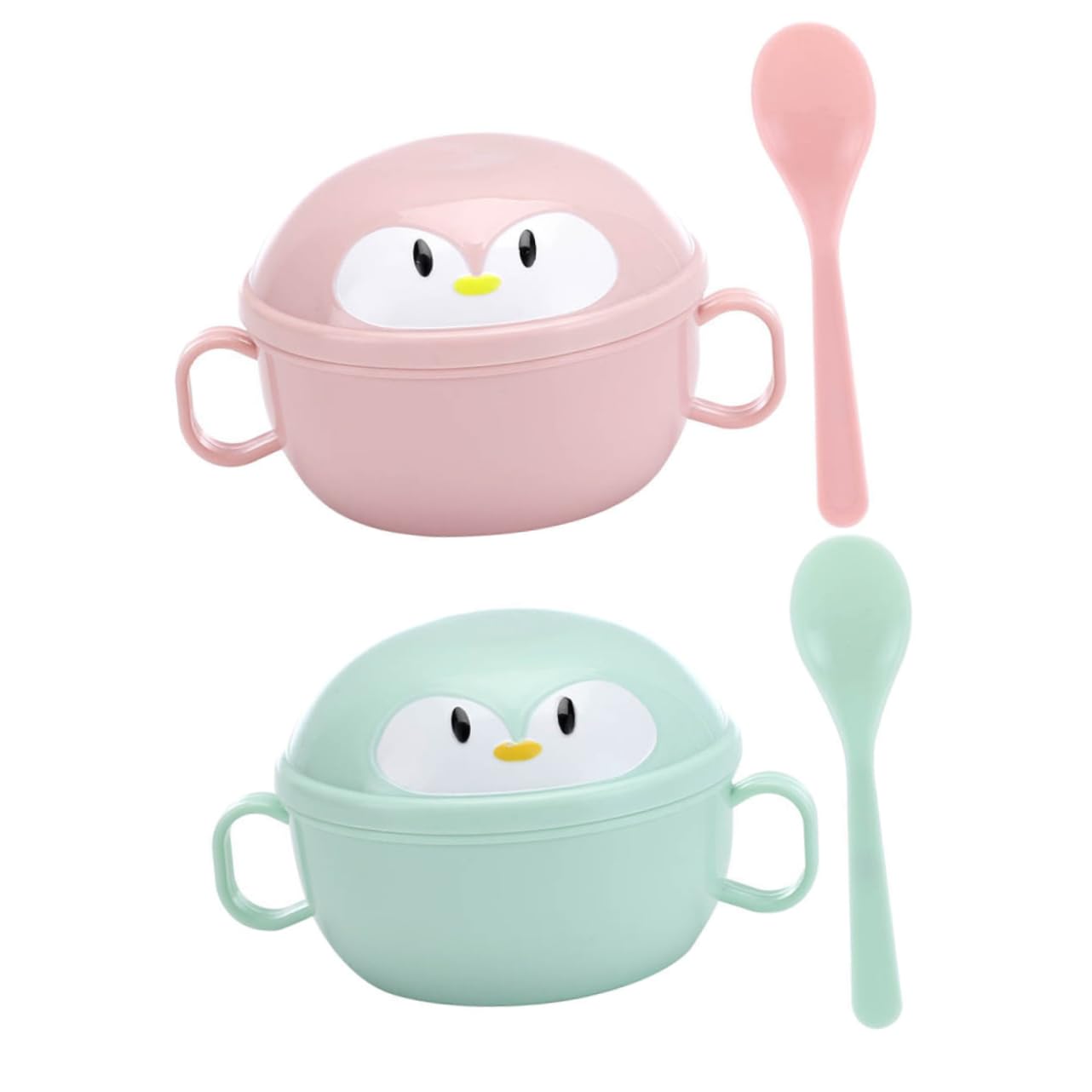 OUNONA 2Sets Bowls with Spoons Insulated Penguin Cartoon Food Bowls Cute Dual Handle Design