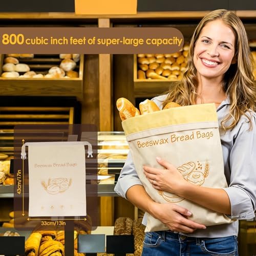 2-Pack Reusable Beeswax Bread Bags - Large 17x13 Inch for Sourdough & Homemade Bread Storage | All-Natural Beeswax Preservation, Eco-Friendly Cotton Food Bags - Easy to Clean & Daily Use - 1