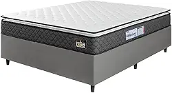 Cama Box Casal Queen Colchão Espuma D33 Pillow Top Millenium 158x198x57cm Suede Cinza/Branco Hellen – Suporta Até 120 Kg Por Pessoa