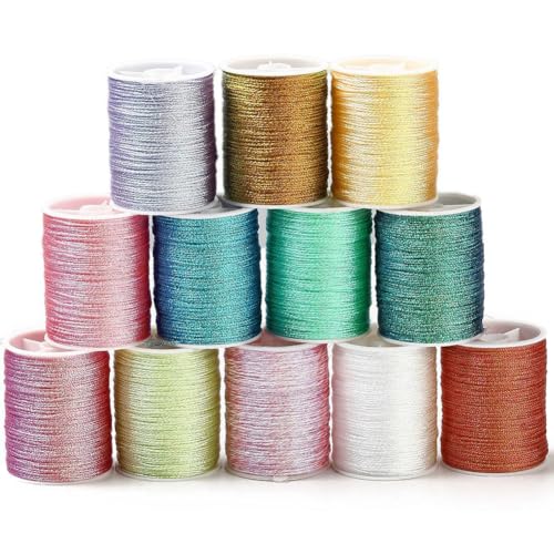 CABODYALS 240M 12 Colours 6 Ply Multicolor Metallic Cord Gold Silver Shimmer Thread Polyester Tinsel Glitter String Bulk Rolls for Sewing Making Jewellery Crafts Friendship Bracelets DIY Home Decor
