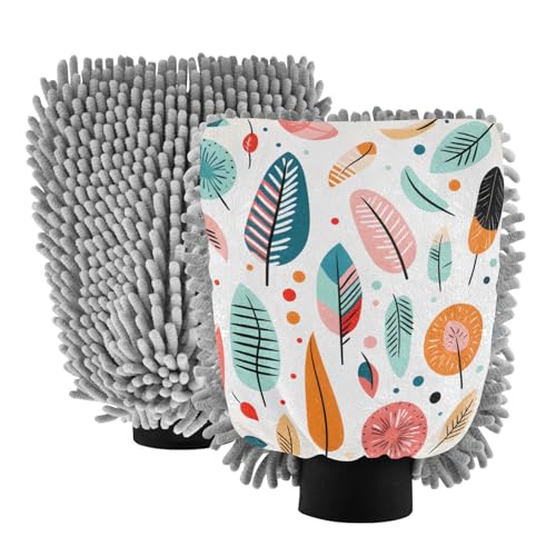 IOACIY Absorbent Microfiber Car Wash Drying Mitts, 2 Pack, Scratch-Free & Lint-Free, Rich Foam, Highly Absorbent, Double Sided, Wash Mitt Perfect for Car Washing, M, Cute Illustration Feather