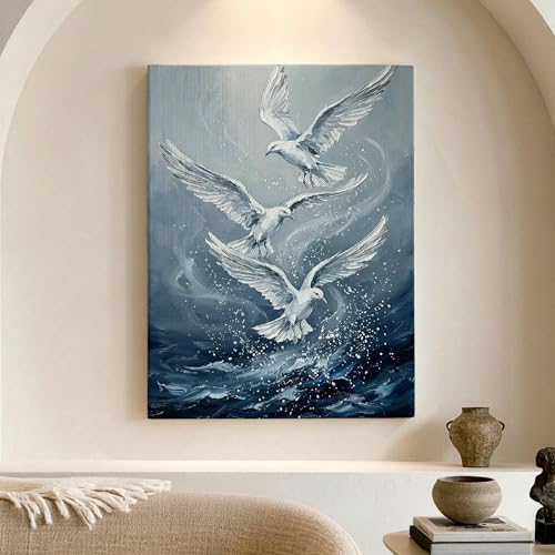 Cuadro de gaviota azul y blanco en lienzo para decoración costera de interiores modernos