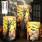 FLAVCHARM Halloween Decor Flameless Candles Set of 3 Black Spooky Bats Decal Flickering Candles Battery Operated with Remote Real Wax LED Pillar Candles for Halloween Party Horrible Theme Decor