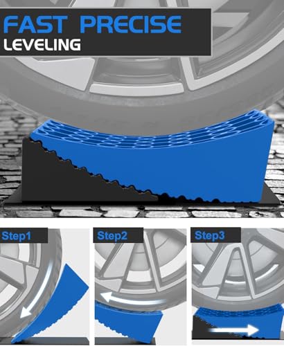 Image of RV Leveling Blocks Ramp Kit, 2 Packs Camper Leveler System for Travel with Two Chocks, 2 Anti-Slip Mats, 1T Bubble Level and Carry Bag, Up to 35000 LBS, Easier & Faster to Level Camper-Blue-A