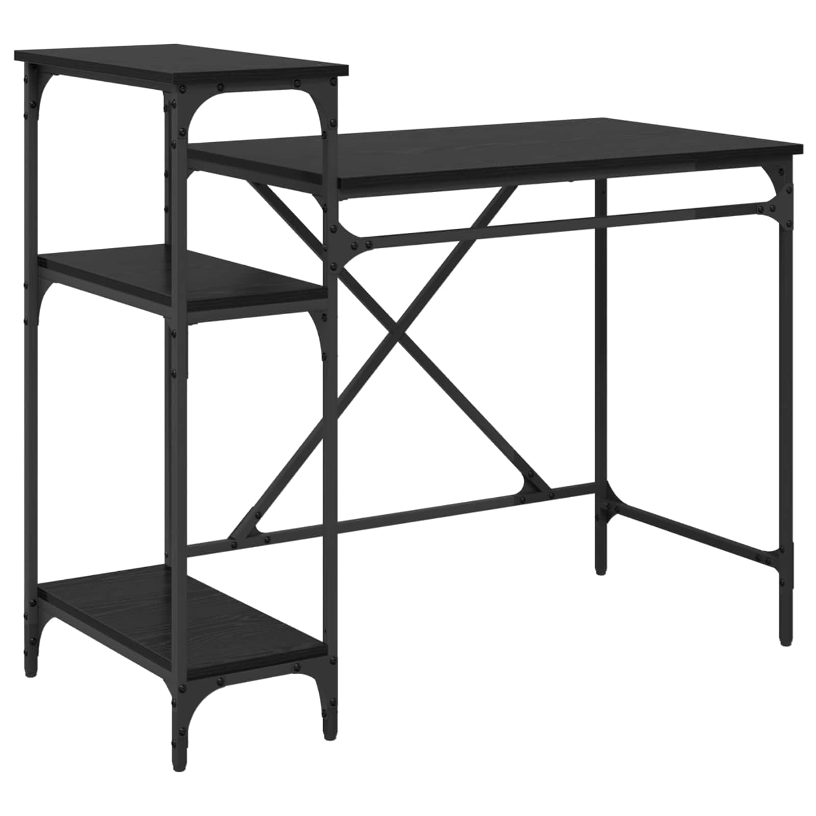 Scrivania con ripiani, 105 x 50 x 90 cm, scrivania industriale per computer, colore nero, effetto rovere, stabile tavolo da ufficio in legno per casa, stile loft urbano