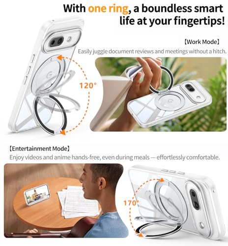 【360° Spin Magnetic Stand】 Case for Google Pixel 9A 【Fit for MagSafe & Pixelsnap】 Cover with Ring Holder 【No-Yellow Crystal Clear】 Camera Protection Phone Google Pixel 9A Case - Clear - Image 3